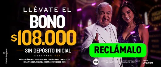 Banner de wplay.co con un hombre mayor de traje blanco y una mujer que anuncian un bono de $108.000 sin depósito inicial con rollover 50x y un botón verde de "Reclámalo"