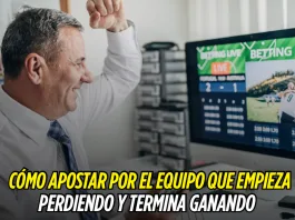Portada de una entrada sobre apostar al equipo que empieza perdiendo y termina ganando, con una persona frente a una pantalla de resultados.