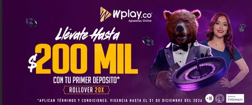 Banner de wplay.co con un oso vestido de esmoquin y una presentadora que anuncian hasta $200 mil por el primer depósito con rollover 20x, y un aviso de "Autoriza Coljuegos" en la esquina