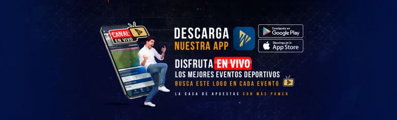 Banner de wplay.co que invita a descargar su aplicación móvil, con un teléfono mostrando un canal en vivo e insignias de Google Play y App Store