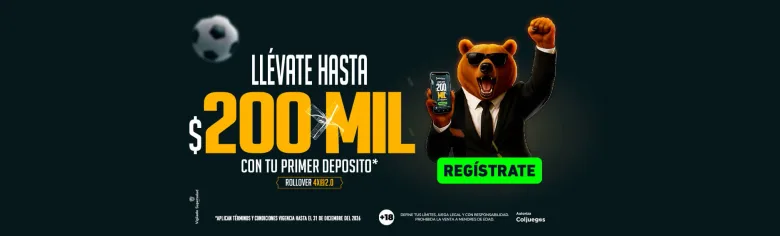 Banner deportivo de wplay.co protagonizado por un oso con traje y gafas oscuras que sostiene un celular, junto a un botón de "Regístrate"