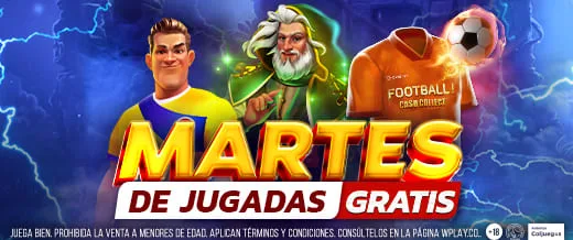 Tarjeta promocional "Martes de Jugadas Gratis" de wplay.co con personajes de tragamonedas, una camiseta de fútbol naranja y un balón