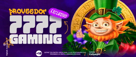 Banner de wplay.co que presenta al proveedor 7777 Gaming con un personaje de duende sobre un aro dorado, y una franja de leyendas de juego responsable al pie