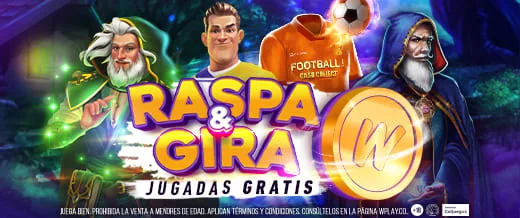 Tarjeta promocional "Raspa & Gira, jugadas gratis" de wplay.co con dos magos de tragamonedas y una moneda dorada con la W de la marca