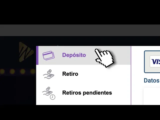 Miniatura de video con un menú desplegado que ofrece depósito, retiro y retiros pendientes, y un cursor apuntando a la primera opción.