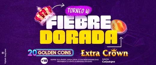 Banner "Torneo W Fiebre Dorada" de wplay.co con una corona, monedas doradas y las leyendas 20 Golden Coins y Extra Crown, con avisos de juego responsable al pie